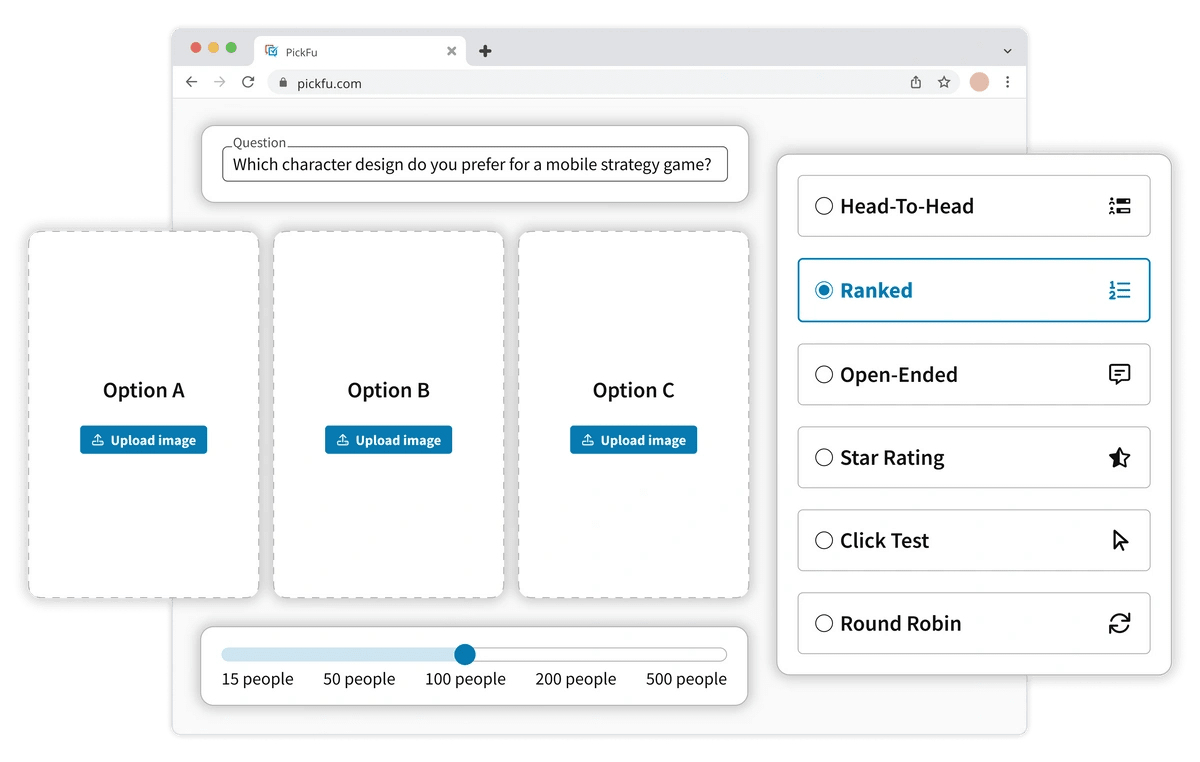 Mockup of the PickFu poll builder, showing different types of poll options.
