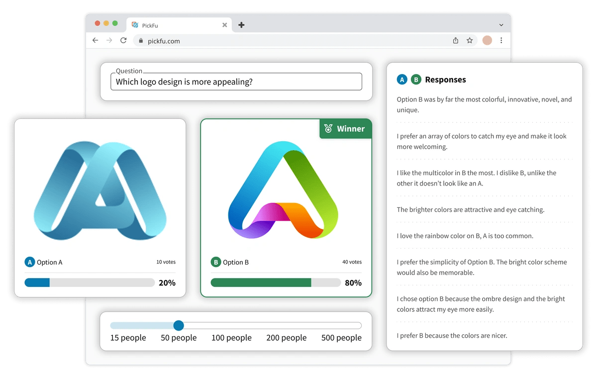 Illustrated example of a poll results page, showing audience slider, question field, response column, and two logo mockups in a poll.