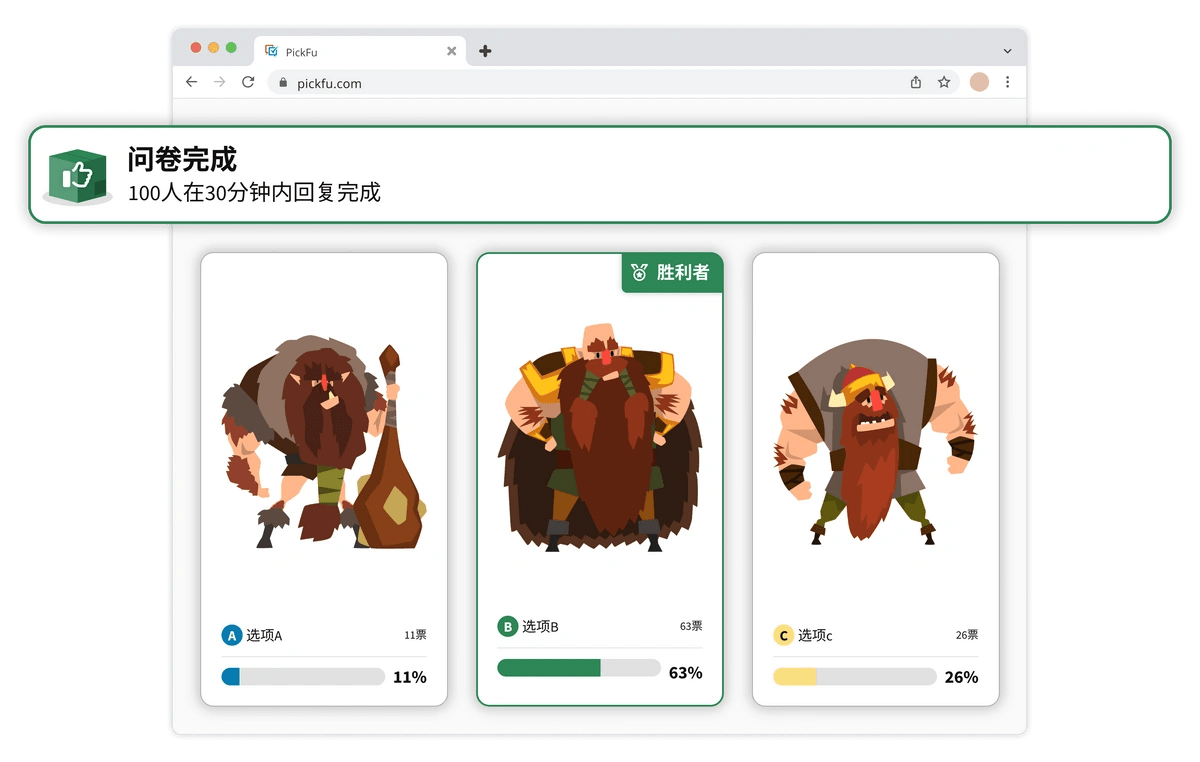 PickFu 问卷结果演示画面，显示出三种不同类型的冰桶的投票结果。