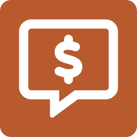 Orange square with a speech bubble icon with a dollar sign in the middle.
