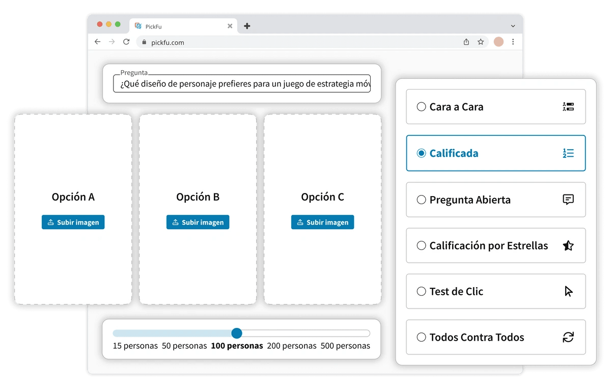 Mockup of the PickFu poll builder, showing different types of poll options.