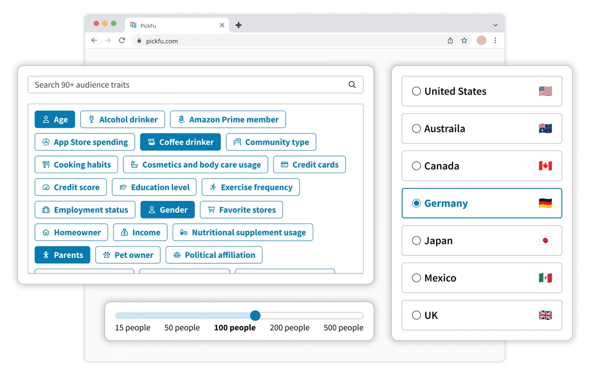 Mockup of the PickFu poll builder, showing different types of poll options.