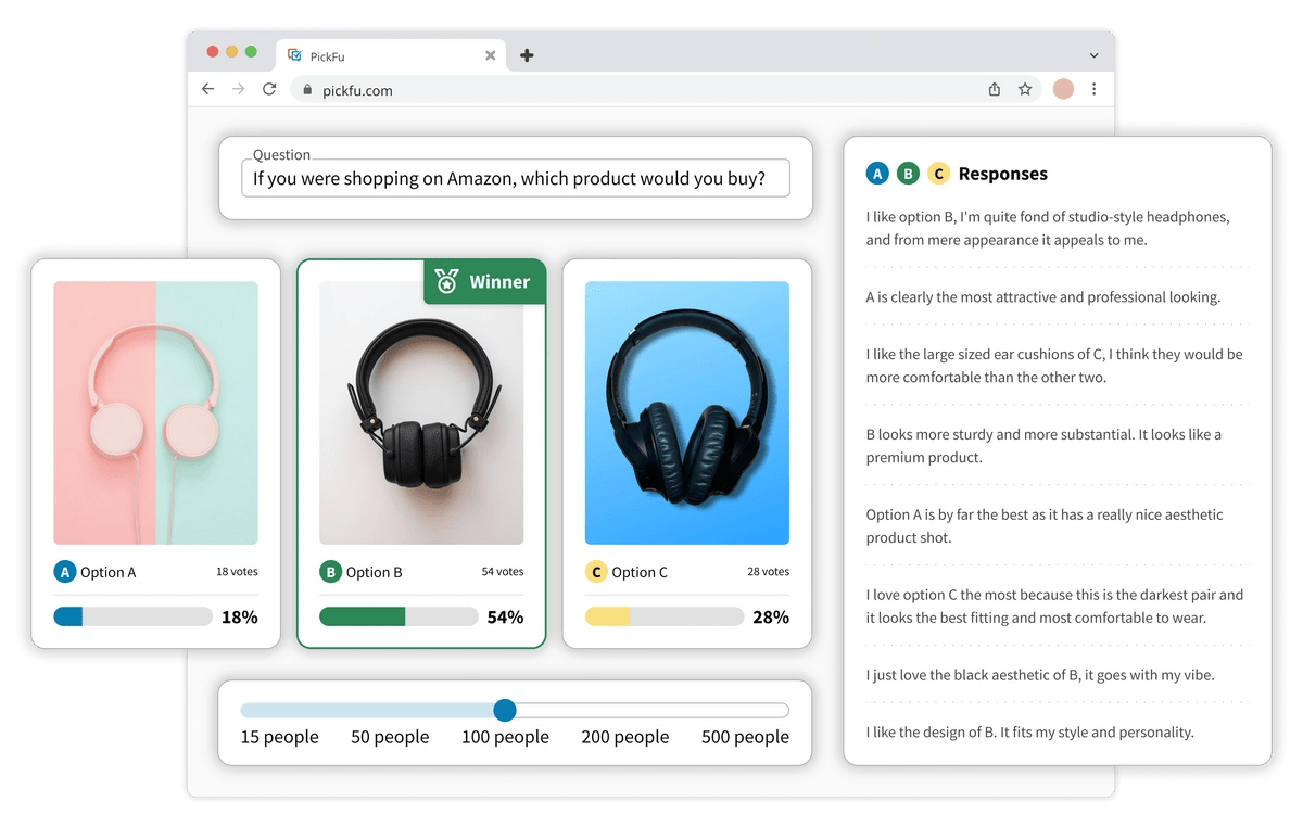 Illustration of a PickFu Ranked poll, showing three headphone product images and a set of responses.