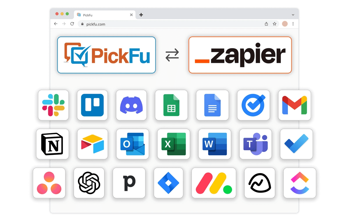 Illustration showing PickFu and Zapier connection, along with icons of many apps that can be integrated with.