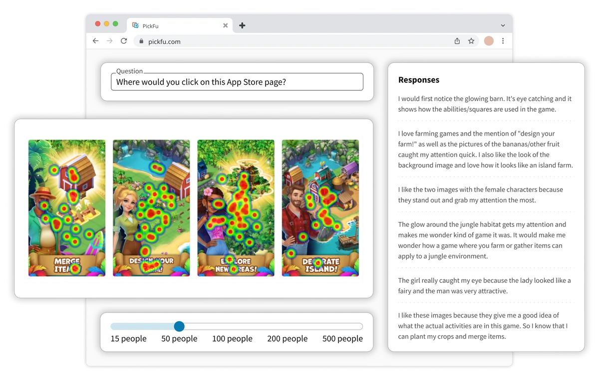 Illustration of a PickFu Click Test, showing a collage of mobile game screenshots with a heatmap and a set of responses.