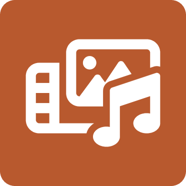 Orange square with a composite icon of a film roll, photo, and two music notes.