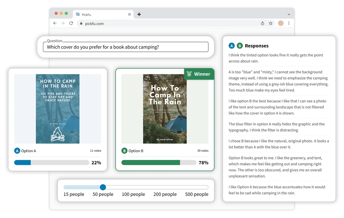 Mockup of a PickFu poll showing two book covers for a camping tips manual, and a set of responses.