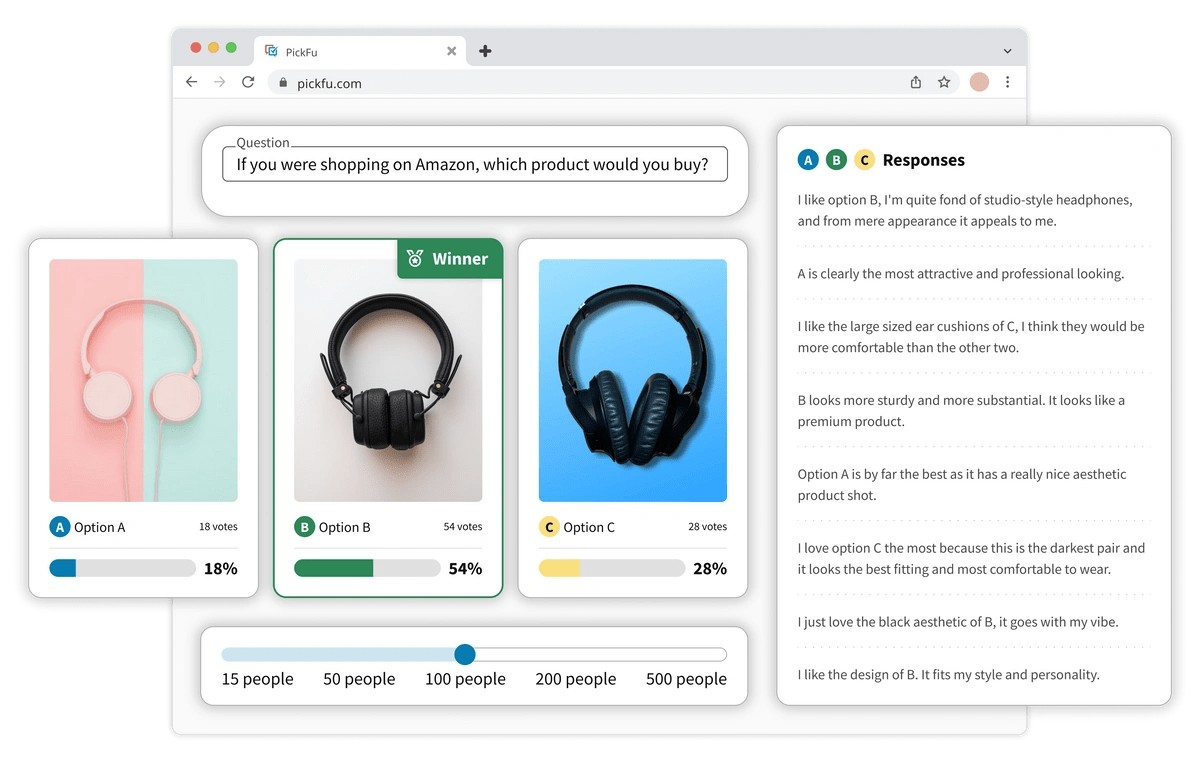 Mockup of a PickFu poll, showing a comparison of three sets of headphones and a group of responses.