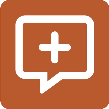 Orange square with a chat message icon with a plus in the middle.