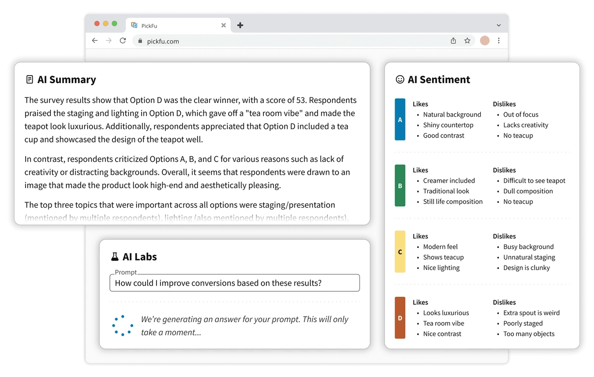 Illustration of PickFu AI highlights, showing a poll summary, prompt input box, and themes segmented by option.