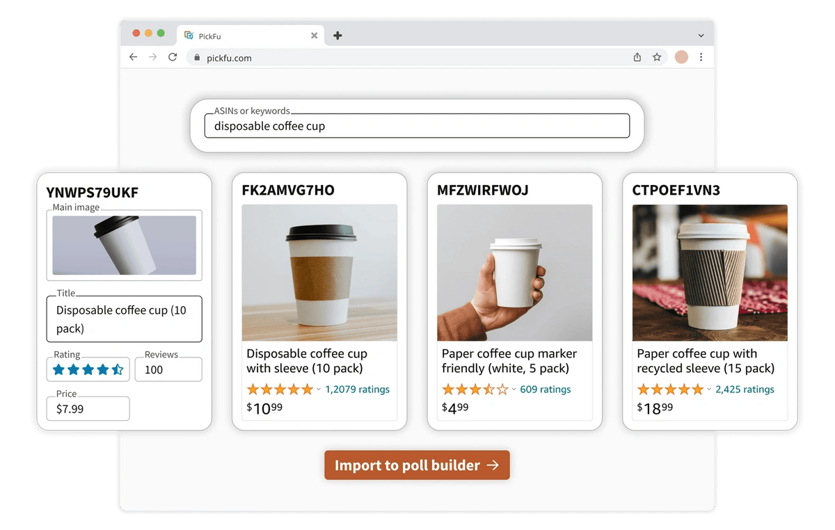 A mockup of an Amazon listing page showing different disposable coffee cups.