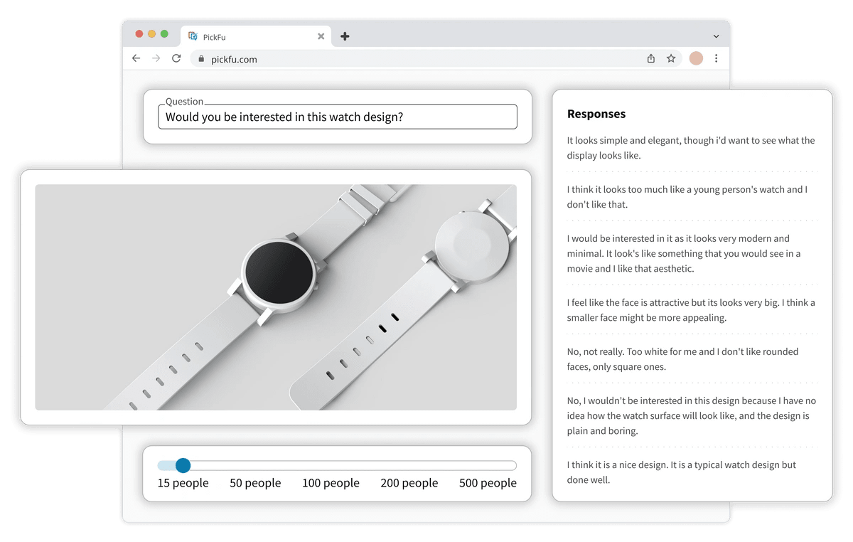 Illustration of a PickFu Open-Ended poll, showing a watch mockup with a set of responses.