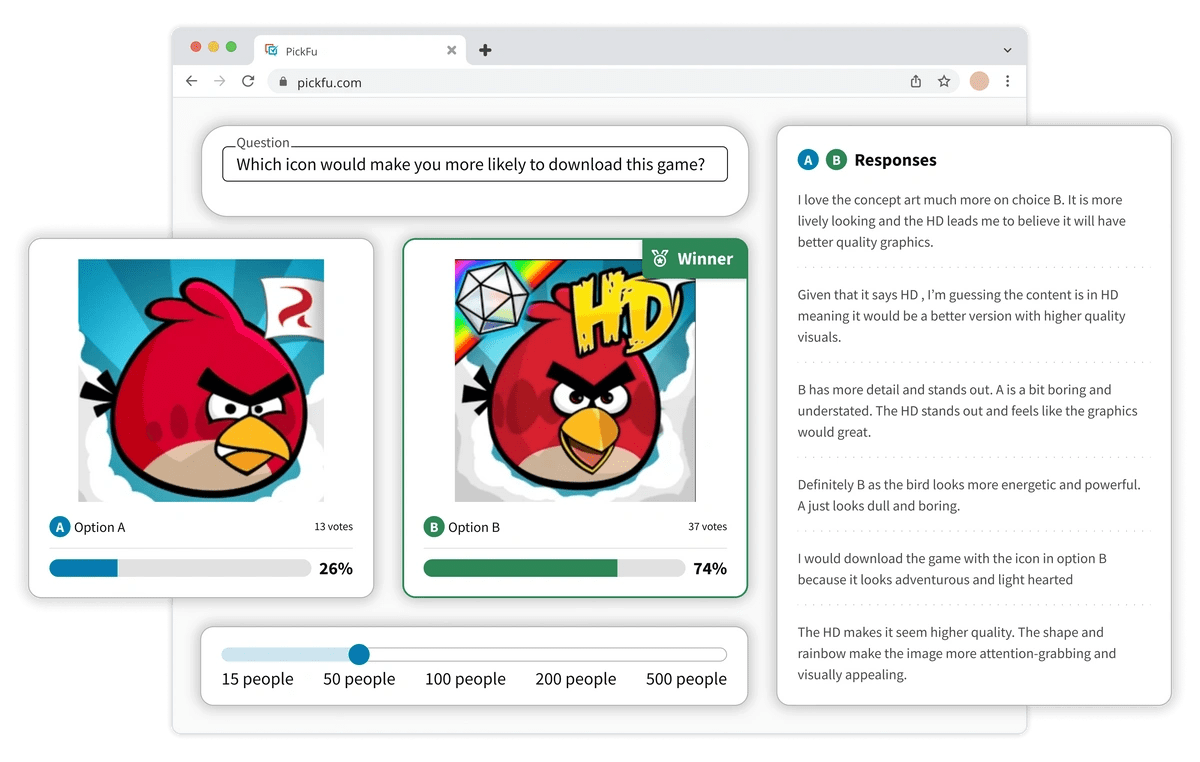 Mockup of a PickFu poll showing two app store icons and a set of responses